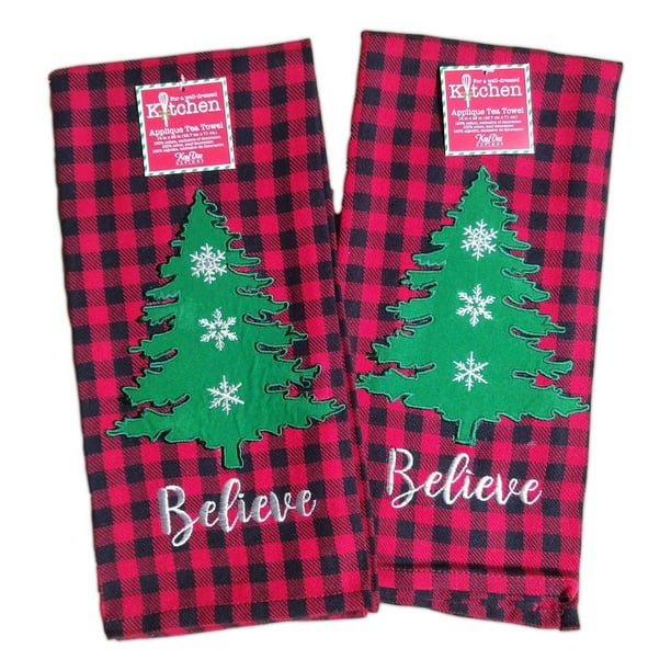 Kitchen Dish Hand Towels Decorated Christmas Tree Applique' 25" X 15' Set of 2